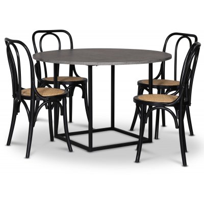 Sintorp ruokailuryhm, pyre ruokapyt 115 cm sis. 4 sarjaa mustia taivutettuja tuoleja - Betoni (laminaatti)