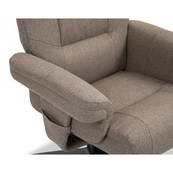 Oslon lepotuoli jakkaralla tummaa beigeä kangasta Oslon lepotuoli jakkaralla tummaa beigeä kangasta