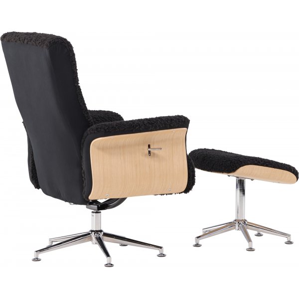 Hagön lepotuoli jalkarahilla - Musta lampaannahkajäljitelmä/öljytty tammi + Huonekalujen puhdistus Hagön lepotuoli jalkarahilla - Musta lampaannahkajäljitelmä/öljytty tammi + Huonekalujen puhdistus